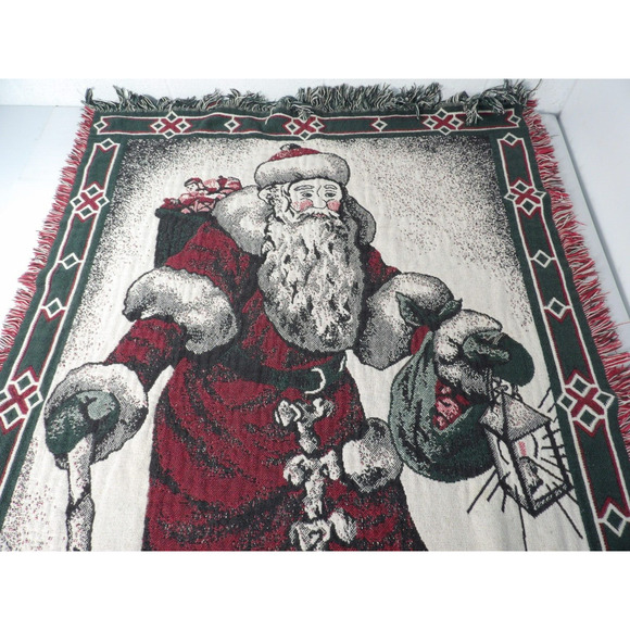 Tapestry Throw Blanket Christmas Santa Claus Red Green Holiday - Picture 3 of 9